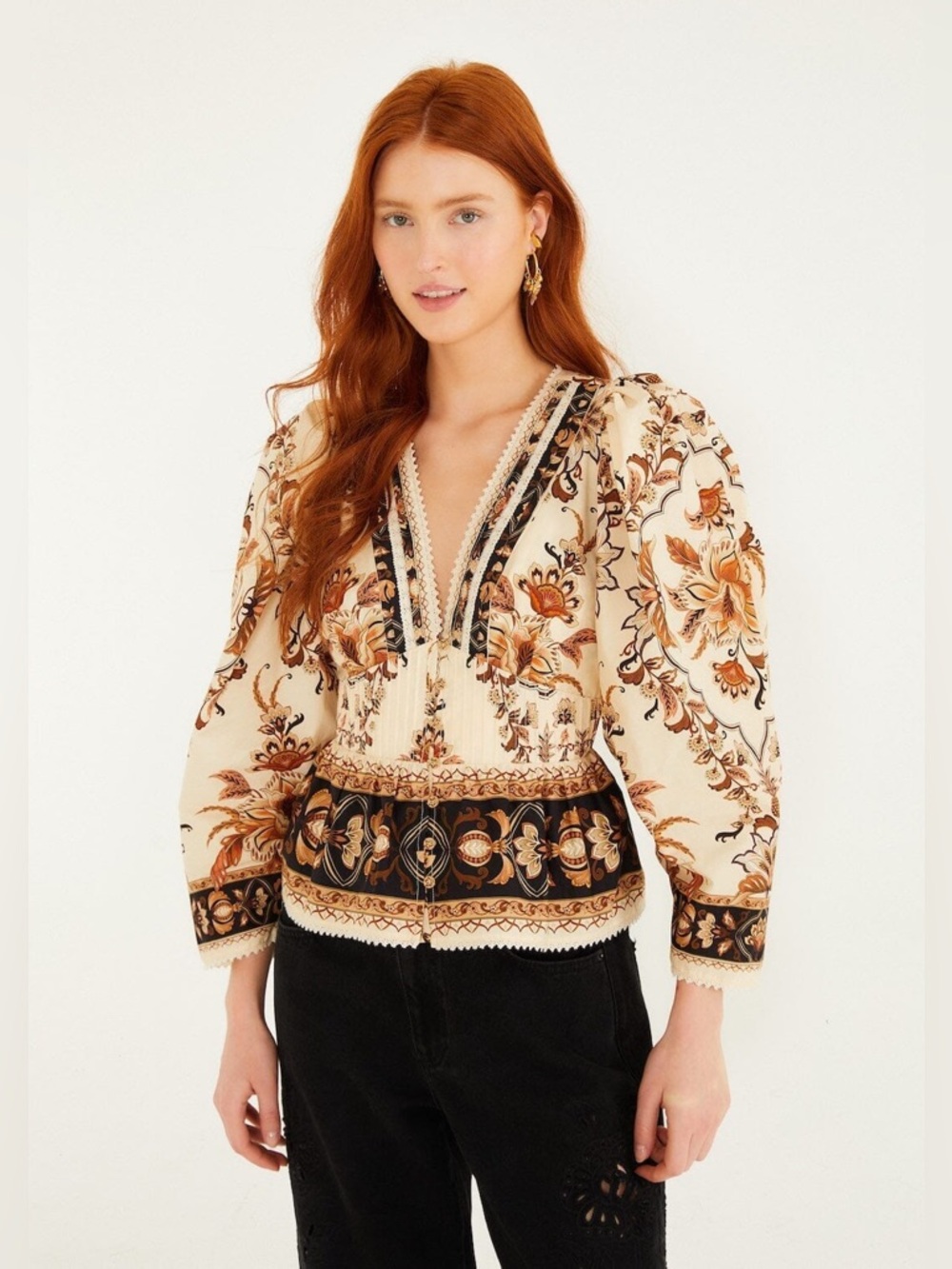 Farm Rio Sand Majestic Garden Lace Puff Sleeve Blouse